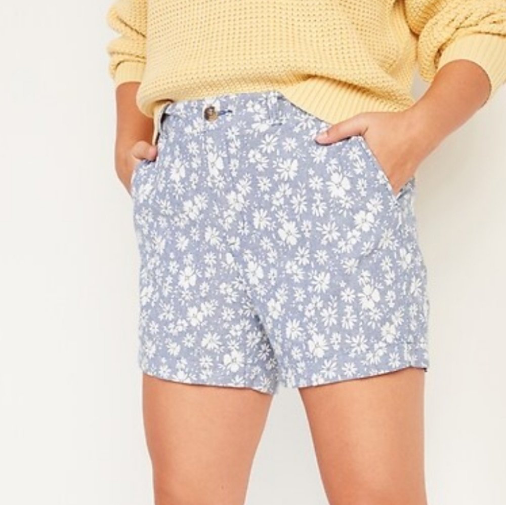 Old Navy Chambray High Waisted Floral-Print Linen-Blend Everyday Shorts Size 8